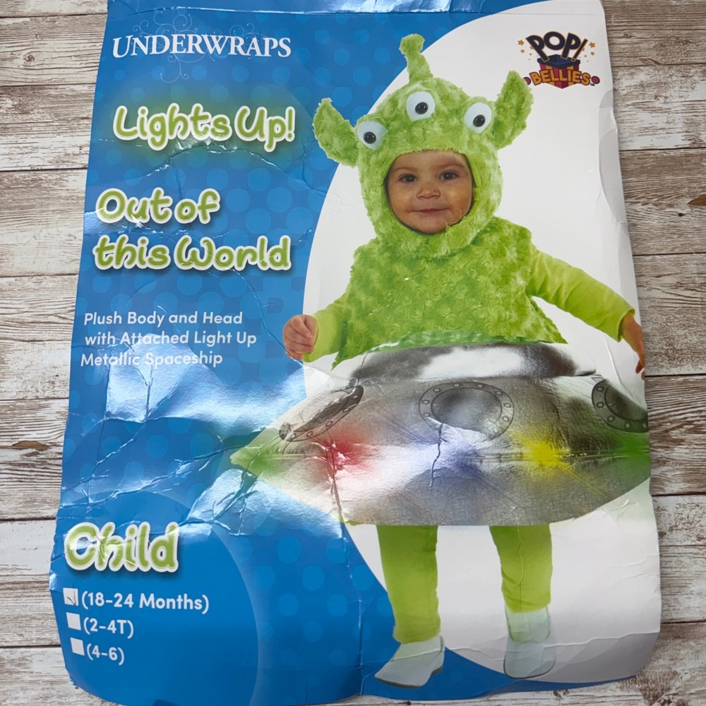 Underwraps Alien UFO Costume Kids 18-24 Months Green Light Up Pop Bellies 27652